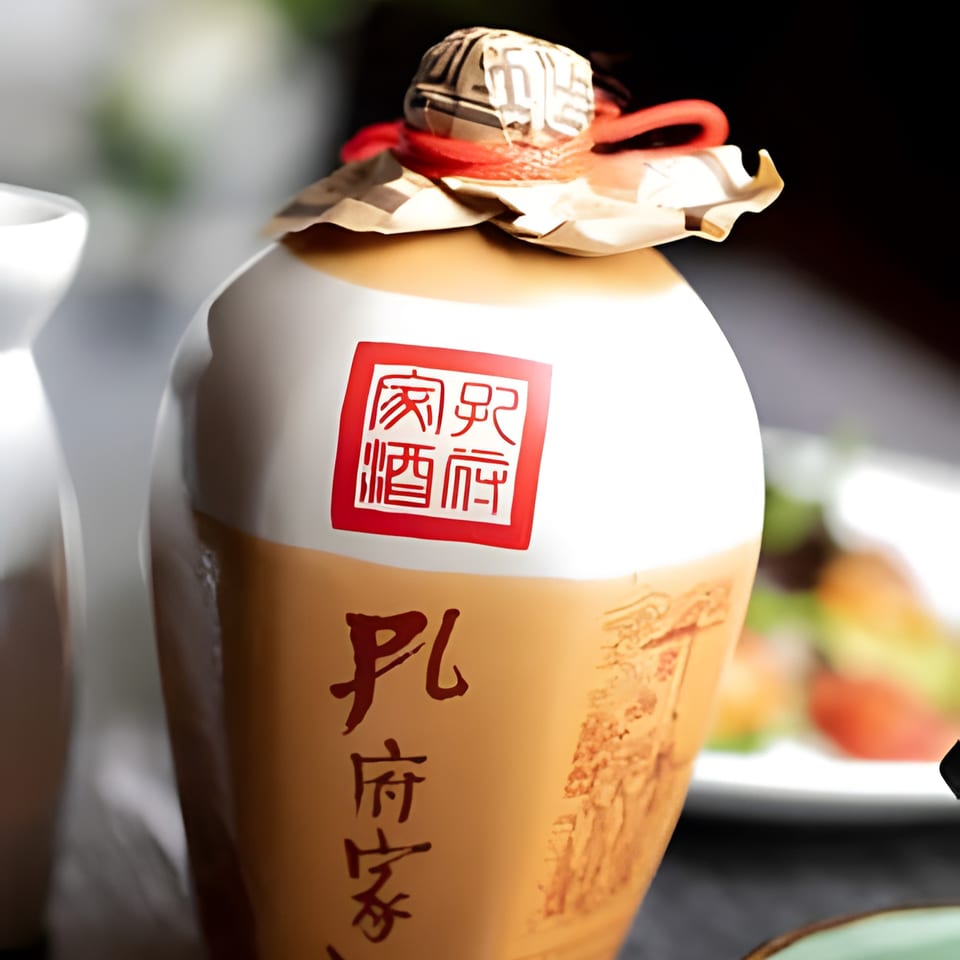 A traditional Asian-style ceramic liquor bottle with red and black calligraphy, next to a white sake carafe.