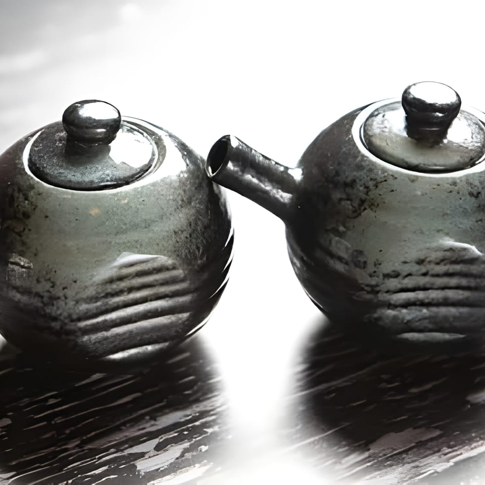 Two dark, textured ceramic teapots with lids, one pouring into the other, on a reflective surface.